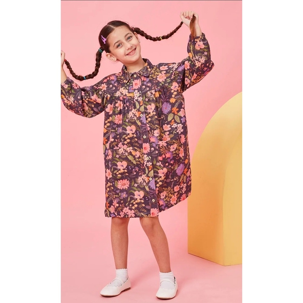 Next Kids Floral Corduroy Shirt Dress Pink Purple Cotton Button Front 6-7 Years